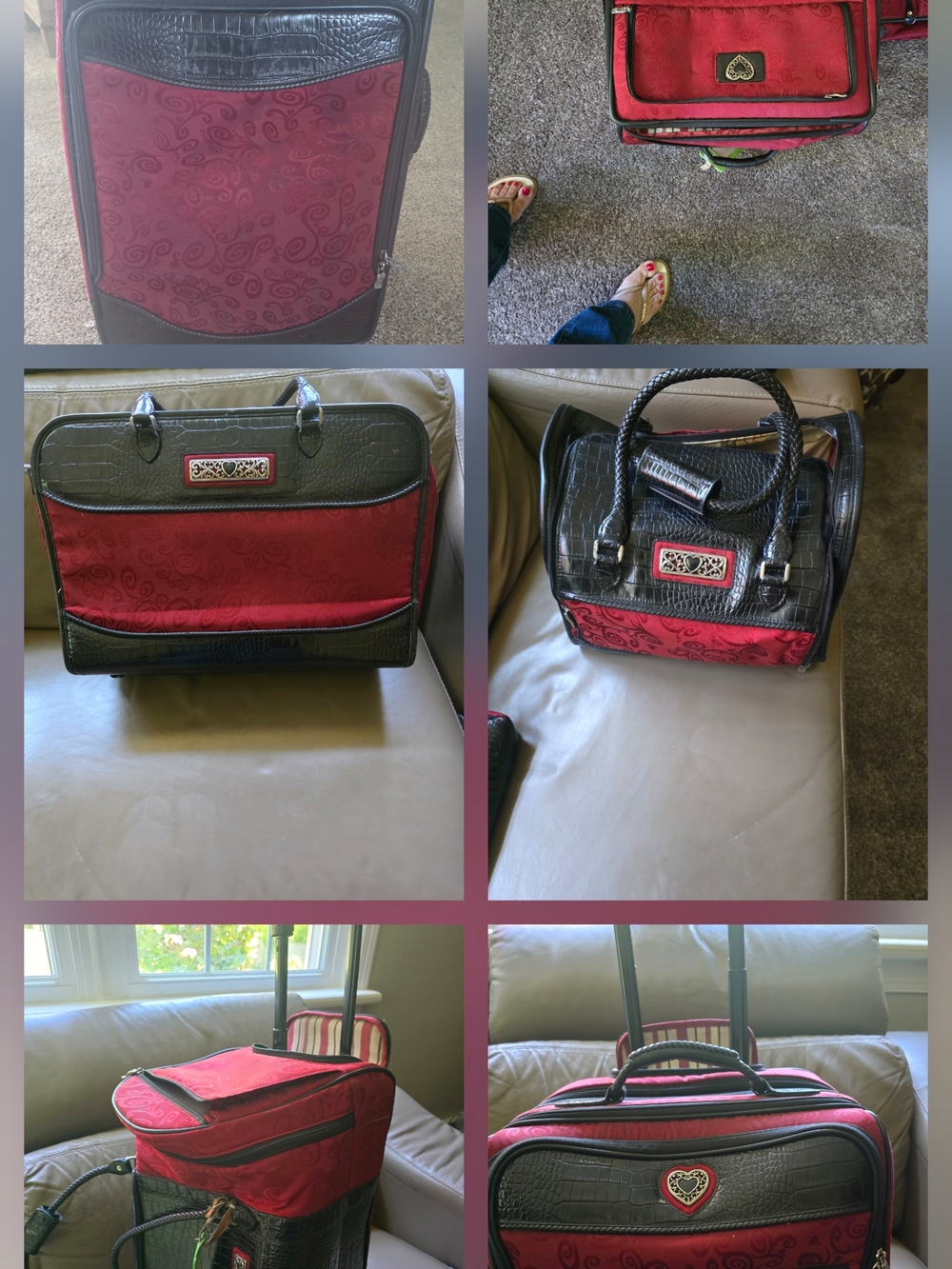 Brighton 6 piece Women's Red and Black Travel Bag Set with Heart Accent
